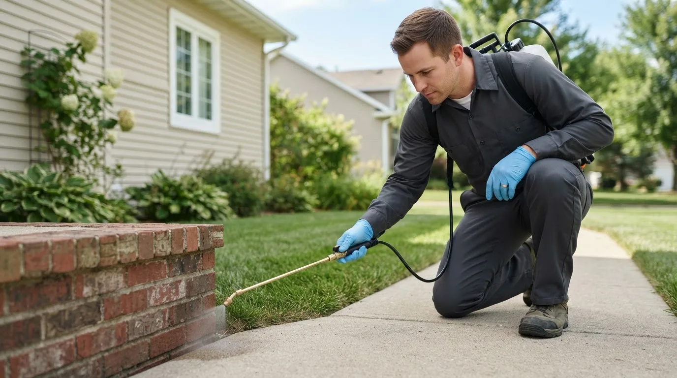 Pest control technician treating a home near Freeport, PA